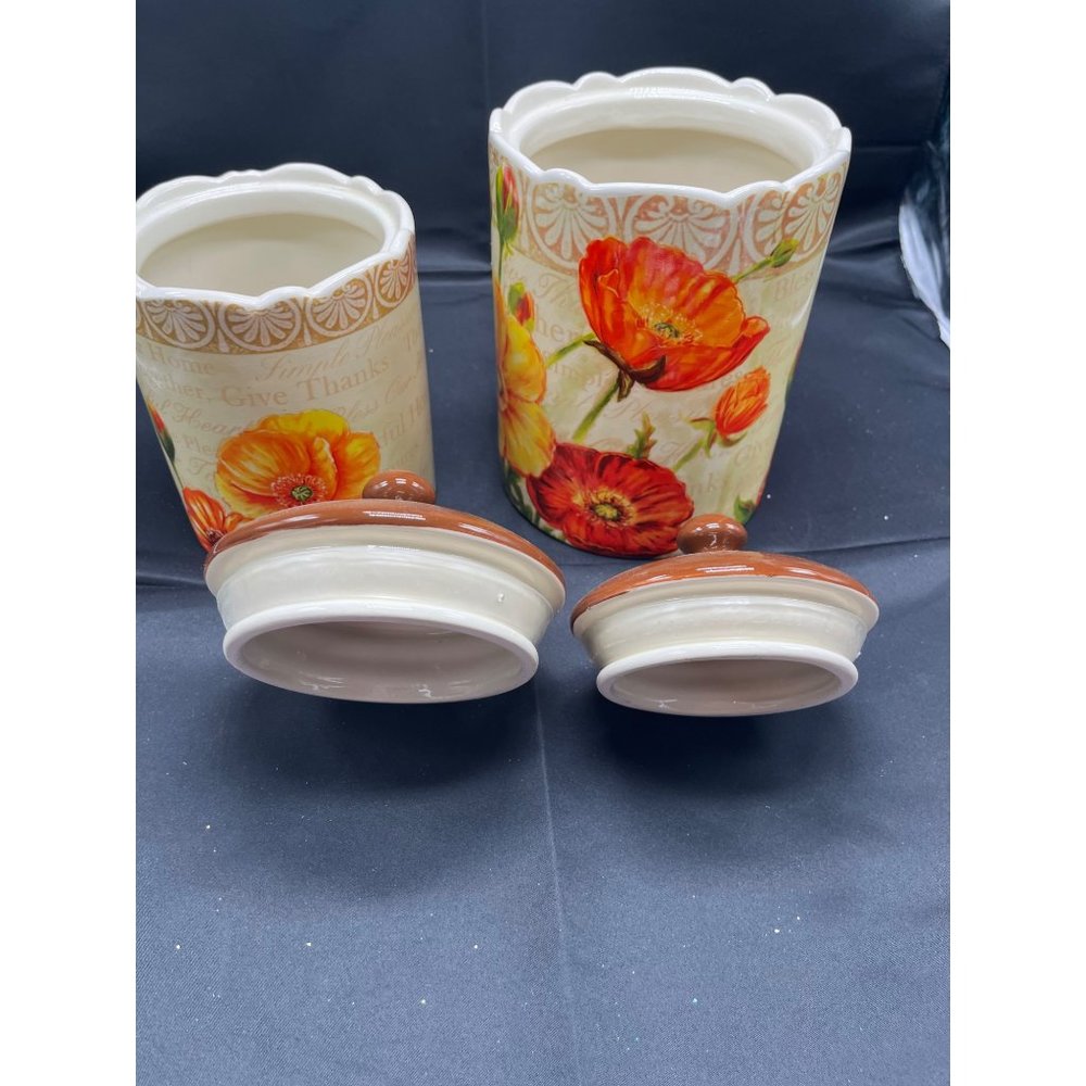 Poppy Canister Set 2 Give Thanks Retro Ceramic Flowers Cookie Jar - Picture 6 of 6